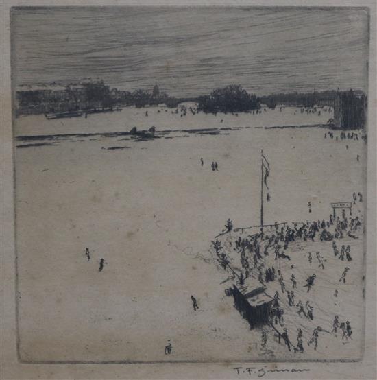 Tavik Frantisek Simon, (1877-1942), original framed artist proof etching, skating rink under the Charles Bridge, Prague, signed 37 x 31